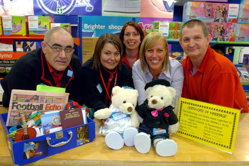 Bettsie and Berties - two Teddy Bears - were 'officially' married at the High Street West store in 2011 with staff members Derek Oliver, Penny Stephenson, Victoria Richardson, Carol Laidler and Eric Cairns watching.