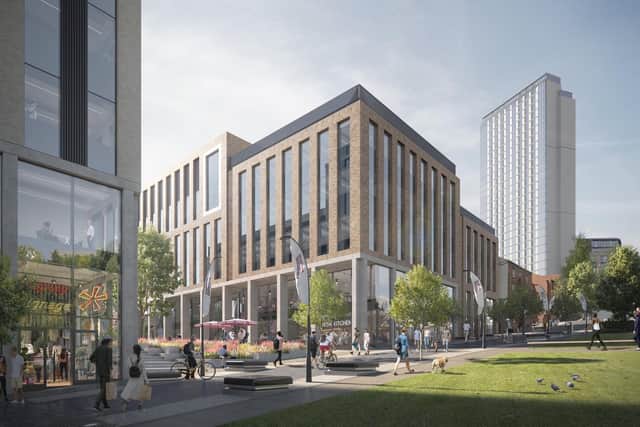 The university is set to complete three new buildings on City Campus between September and January 2025. The multi-million pound project will see departments relocated from Collegiate Crescent and significantly increase the number of students based around Howard Street. Includes 'green public space'.

