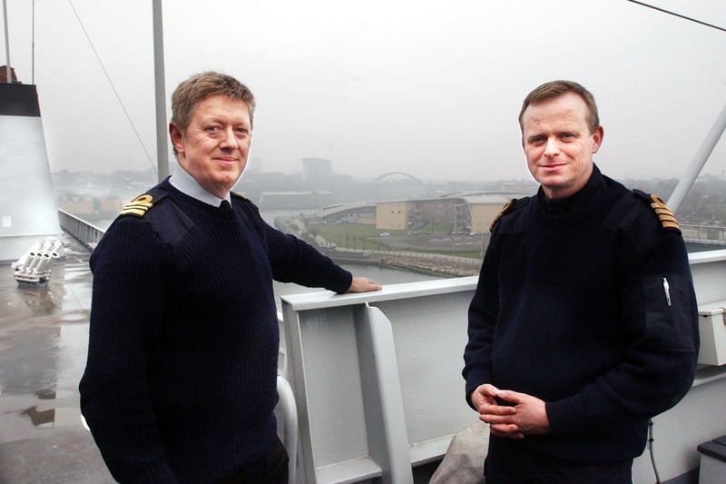 Royal Netherlands Navy ship Rotterdam berthed  at Corporation Quay in 2007.
Royal Navy Lt Comm Charles Wood provided the welcome Captain of the Rotterdam Buelema Robertus, right