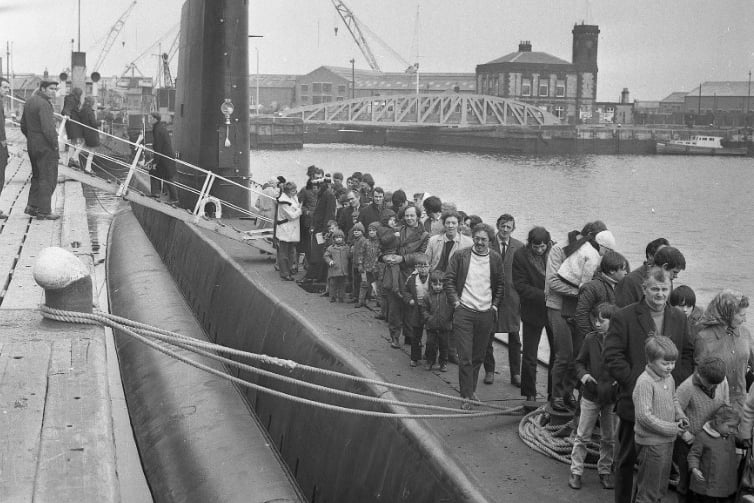 These visitors were waiting to board the Royal Navy submarine Narwhal which was on a five day visit to Sunderland in 1971.