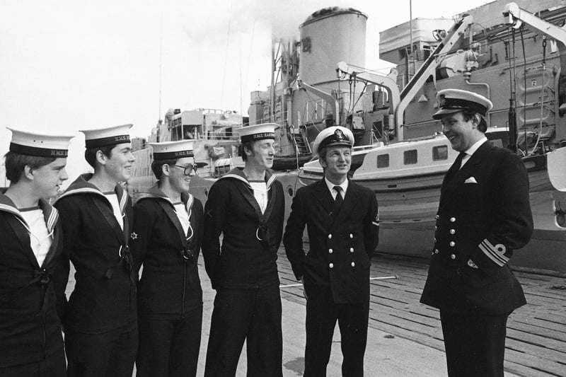 Five sailors from Sunderland arrived in their hometown aboard the Royal Navy frigate HMS Eastbourne in 1977.
Pictured are Paul Metcalfe, Bryan Semens, Bernard Docherty, Stephen Pattison and Petty Officer Paul King. They are pictured with captain of the frigate, Commander Christopher Cobley.