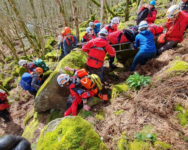 A climber was safely transported to hospital after falling 8m near Sheffield. Photo: Edale Mountain Rescue Team