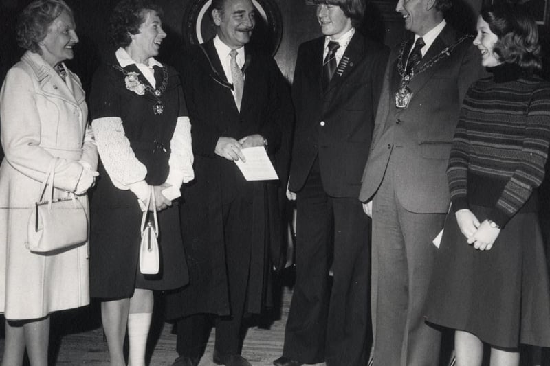 The Mayoress of Wyre (Mrs Doreen Ball) presents certificates and prizes at Fleetwood Grammar School.
From left: Coun Mrs E Hope (chairman of governors), the Mayoress, Mr D Magnin (head master), Christopher Leech (Grieve Trophy for All Round Efforts merit prize) and The Mayor Of Wyre (Coun Bill Ball) and Sally Green (War Memorial prize) - October 1976