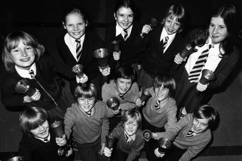 The bell ringing team from Charles Saer Primary School, Fleetwood were invited to take part in the Lancashire Schools concert at the Guild Hall, Preston on December 17th 1978. Back row from left - Angela Stirzaker, Julie Glynn, Louise Beavers, Julie O'Donnell and Rachael Wilson.
Front row - Andrew Crawford, David Bradshaw, Philip Whitehead, Peter Bailey, David Gardner with Darren McDermott at the front centre
