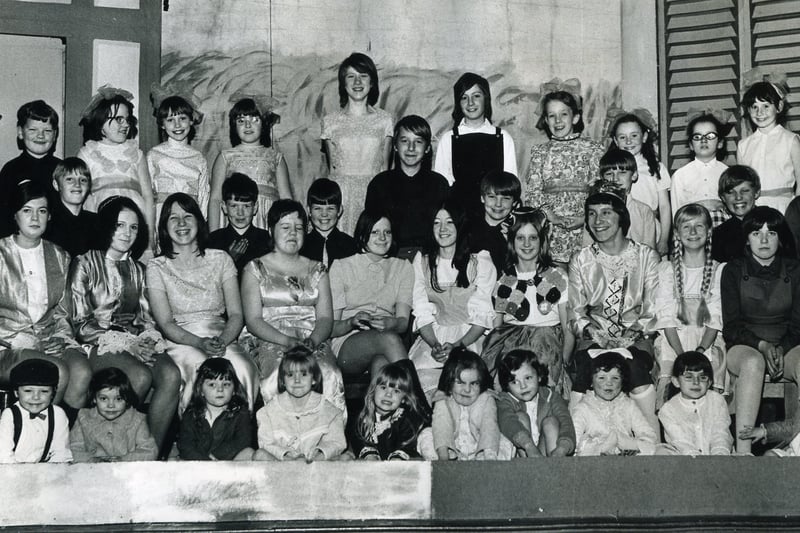 The cast of Chapel Street Methodist Church Sunday School Pantomime "Jack and the Beanstalk" in the church hall in 1971