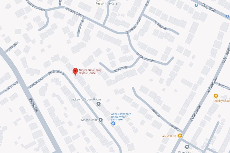 'Nipple Gate Harry Styles House' may well be the oddest thing on Google Maps in London. It appears to be a fan tribute/viral joke dating back to at least 2012. The south London address it identifies seems to be a nondescript home with nothing to do with the pop sensation. 