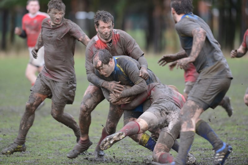 Washington and Seaham (in red) in rugby action in 2014.