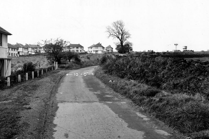 A view looking west along Farrar Lane, with Adel Water Tower in the background. Dry stone walls divide up the fields on the right. Pictured in October 1951.