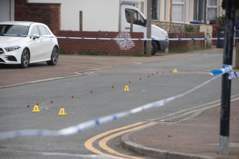 Crime scene markers have been placed in the road along Church Street, Blackpool