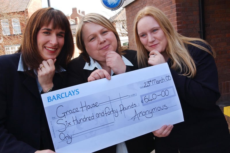 An anonymous donor left £640 in notes at Barclays Bank 19 years ago, with instructions that it was to go to Grace House.
Here are Karen MacLennan from Grace House with bank staff Susan Hughes and Natasha Ferry.