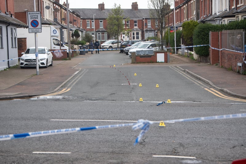 Crime scene markers at the scene of an incident in Church Street, Blackpool on Sunday evening