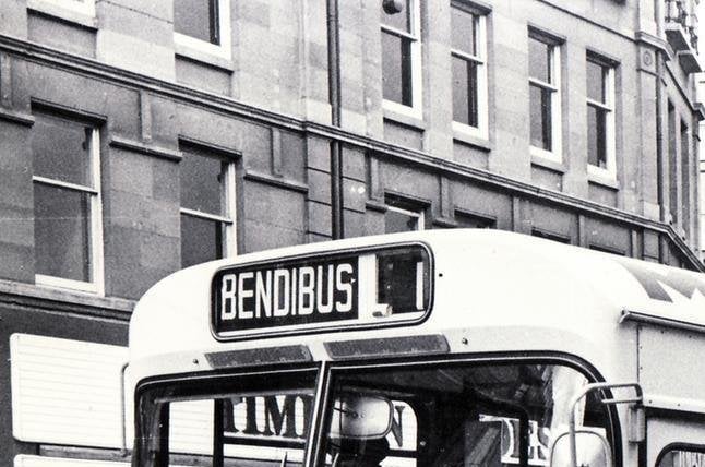A Bendibus travelling through Sheffield in 1986 