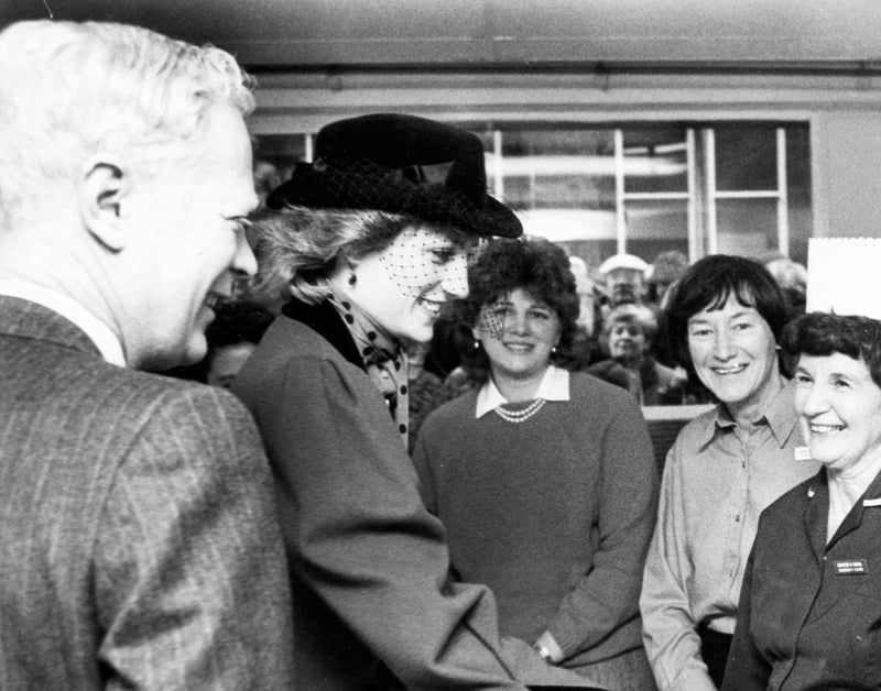 Diana Princess of Wales chats to hospital staff at Sheffield's Jessop Hospital on April 8, 1986