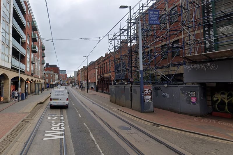 The fourth-highest number of reports of offences that took place in Sheffield in February 2024 were made in connection with incidents that took place on or near West Street, Sheffield city centre, with 21