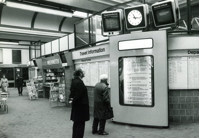 The new information system for travellers is officially introduced at Sheffield Midland Station in January 1984.  Pictured are the new TV monitors giving up-to-the-minute information on trains.