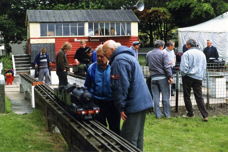People admire the miniature steam locomotives at Blackgates Miniature railway on Bradford Road in June 1995. The railway has a 7.25 gauge track and is 350 yards in length. 