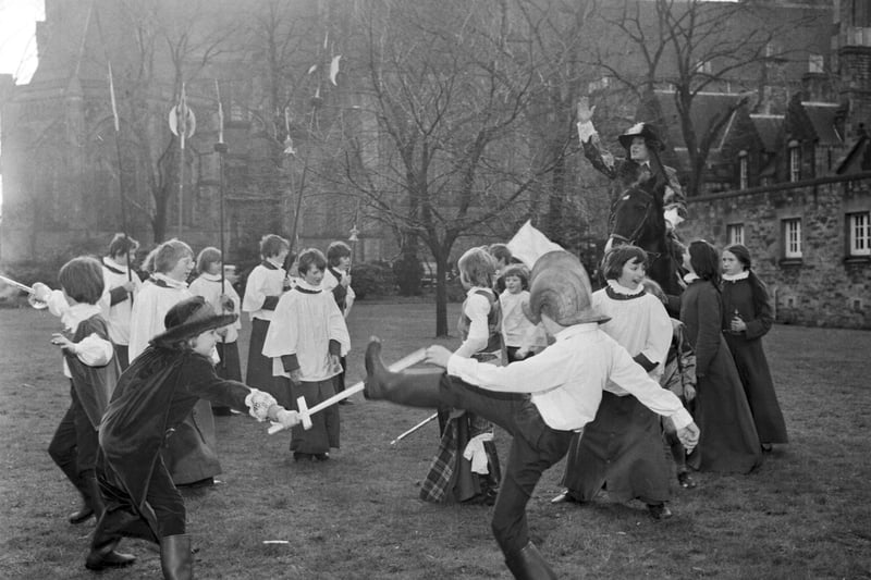 The pupils of St Mary's Music School in Edinburgh staged a Cavaliers v Roundheads mock battle for their school pageant in January 1975.