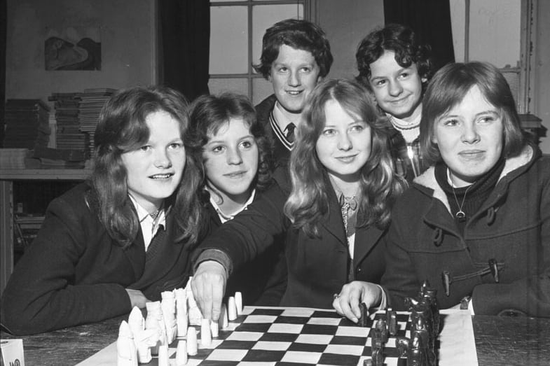 Boroughmuir third year pupils Linda Hood, Wendy Campbell, Andrew Hendry, Angela McGuire, Norman Jones and Janice Farquhar with a chess set made and painted for  ex-prisoners in Edinburgh in March 1974.