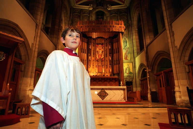 This is choir boy Aaron Brown pictured in Leeds Cathedral. He was the,  winner of the 1995 Cystic Fibrosis Achiever's Awards. 