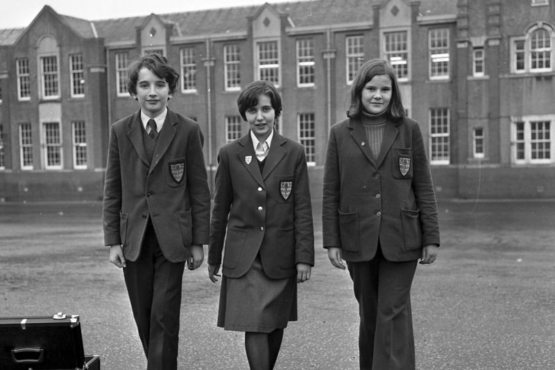 Drummond High School pupils Sandra Murray and Lindsay Campbell (third pupil not identified) in November 1976