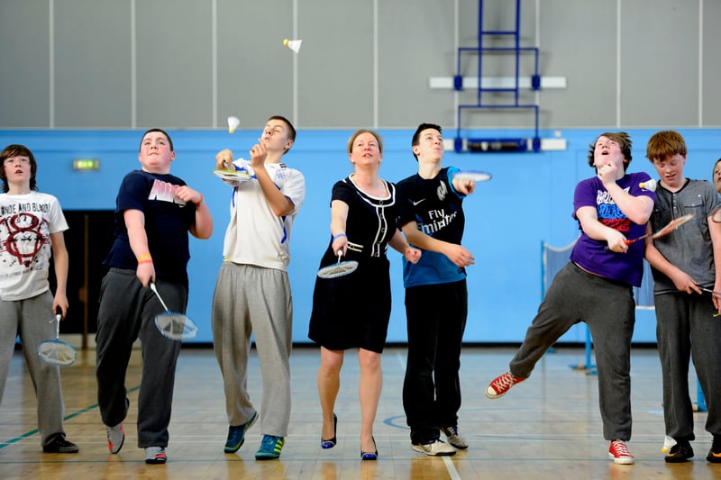 Minister for Commonwealth and Sport, Shona Robison playing badminton at Tynecastle High School as the government launched an initiative for at least two hours of physical education per week, in March, 2012.