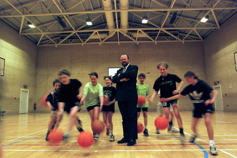 Then Tynecastle High School headteacher Mike Hay, pictured with pupils in the old school's games hall in November, 1997.