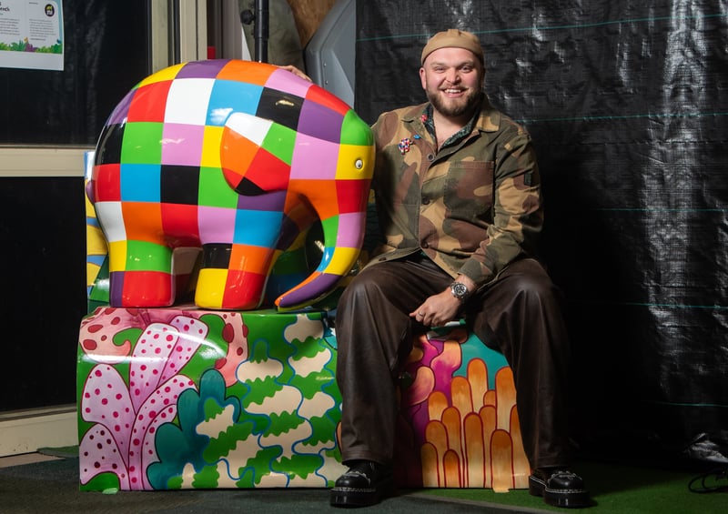 Preview of the elephants involved in Elmer's Big Parade Blackpool for Brian House Children's Hospice. Pictured is Paul Black from Andersen Press.