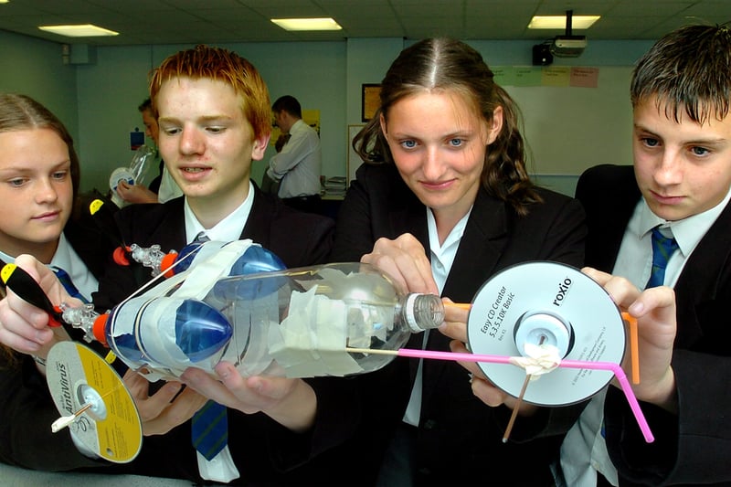 Science Challenge at St Mary's Catholic High School, Blackpool, involving 7 local schools. The St Mary's Catholic High School team  working on their air driven vehicle. From left, Charlotte Donaghy, Ali Hall, Harriet Fowler and Matthew Drummond.