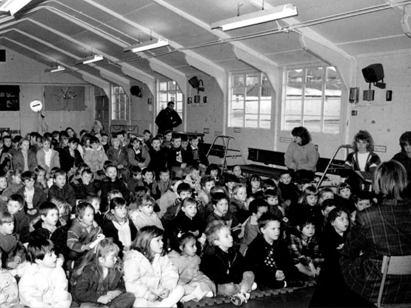 The whole school assembles on Friday morning at Lindsay Nursery First School, on Lindsay Road, Parson Cross, Sheffield, in 1989