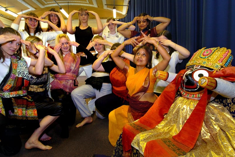 Highfield High School (Blackpool). Workshop for GCSE dance students and dance club members, by Monalisa Ghosh and Mitali Dev, of the Odissi Dance Workshop. Monalisa Ghosh demonstrates a position to the students