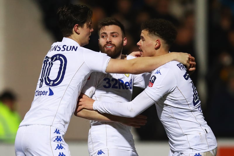 Celebrating with Marcus Antonsson and Kalvin Phillips after scoring against Cambridge United in 2017