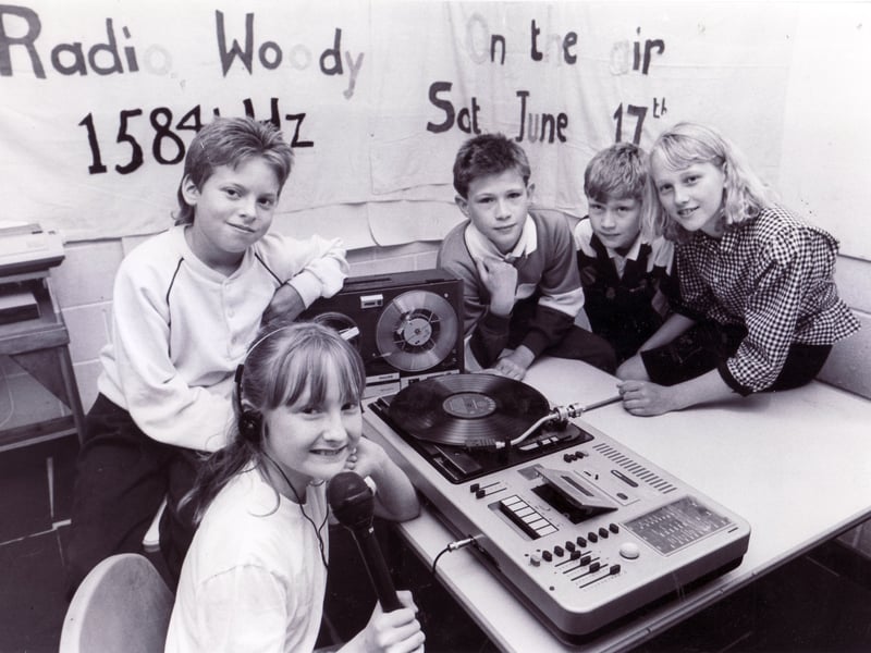 Pupils run a radio station at Roe Wood School, Sheffield, in May 1989. Pictured left to right are DJs Lyndsay Cann and Gavin Roberts (both 11) with Keven Smith, Gary Smith and Gaynor Rodgers