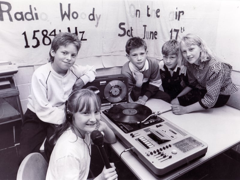 Pupils run a radio station at Roe Wood School, Sheffield, in May 1989. Pictured left to right are DJs Lyndsay Cann and Gavin Roberts (both 11) with Keven Smith, Gary Smith and Gaynor Rodgers
