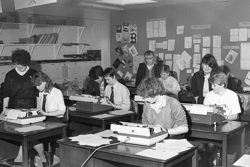 A key moment from the sponsored typing event at Pennywell School in November 1983.