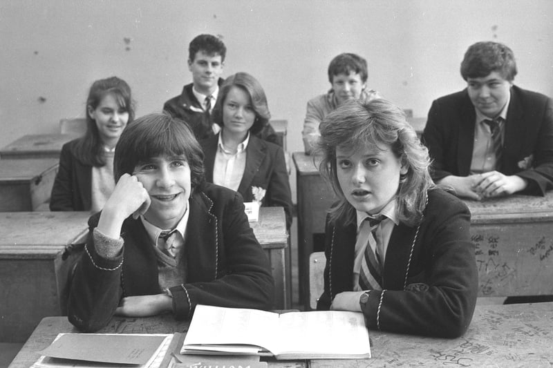 Actor Simon Schatzburger, who played Adrian Mole at Sunderland Empire, went back to school in Sunderland in May 1986.
Here he is at a seminar at Bede School with pupils and co-star Sara Markland.