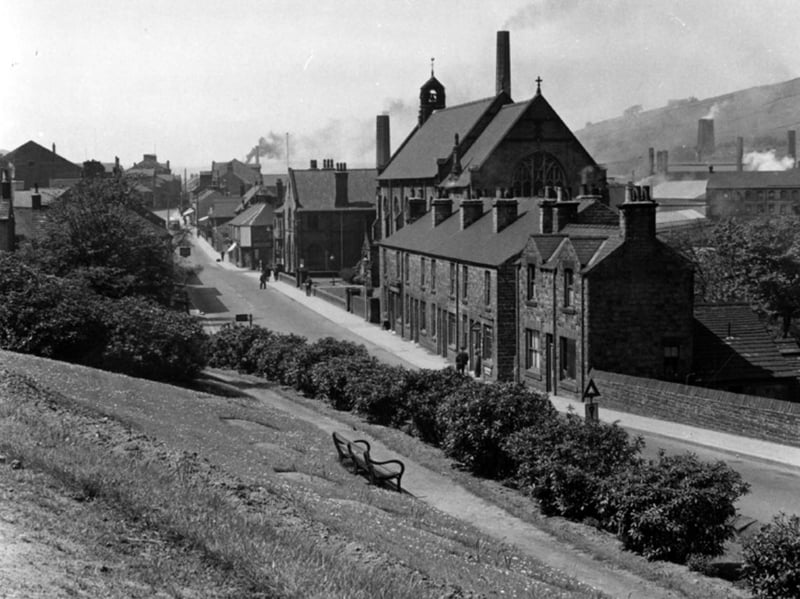 The view from Clock Tower Gardens on Nanny Hill, Stocksbridge, looking towards Manchester Road and St Matthias Church, in 1948