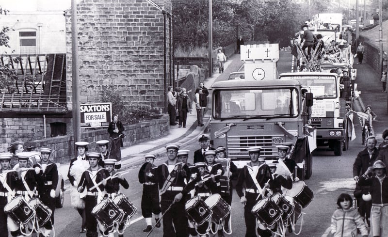 The Stocksbridge and District Mayor's Charity Parade moving along Manchester Road, Stocksbridge, as it nears the end of the journey in October 1981