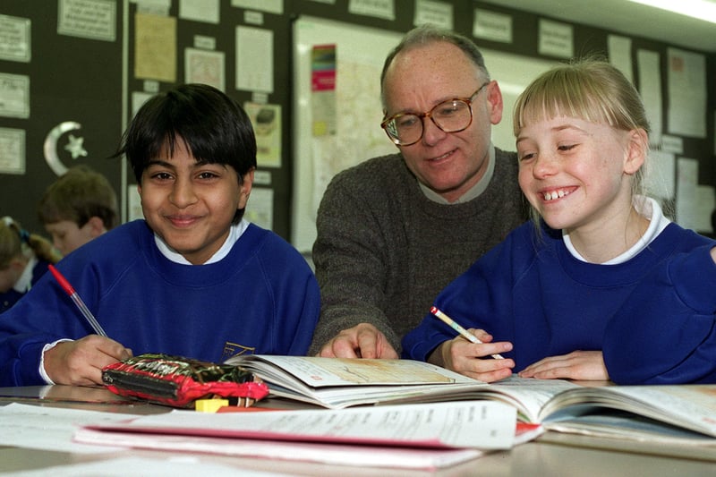 The school was celebrating a good Ofsted report in February 1998. Pictured are  Arvinder Layall, teacher Garry Loye and Lauren Savage.
