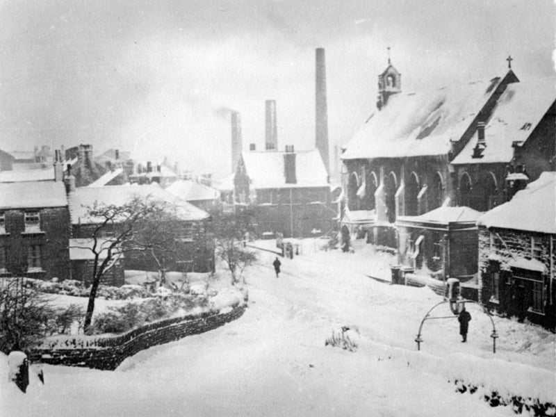 The view of Manchester Road and St Matthias Church from Nanny Hill, Stocksbridge, in February 1947, after 20 inches of snow