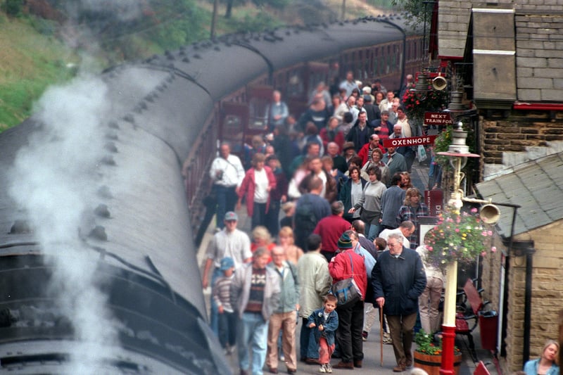 Steam enthusiasts wait to board the Oxenhope train at Haworth Station on the Keighley and Worth Valley Railway. Pictured in October 1997. 