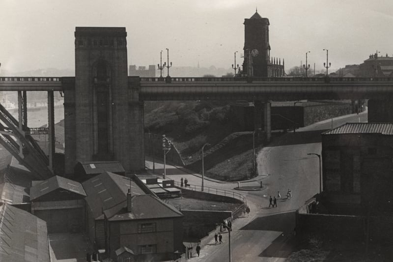 View from High Level Bridge shows Bottle Bank and the Gateshead side of the Tyne Bridge in 1966.