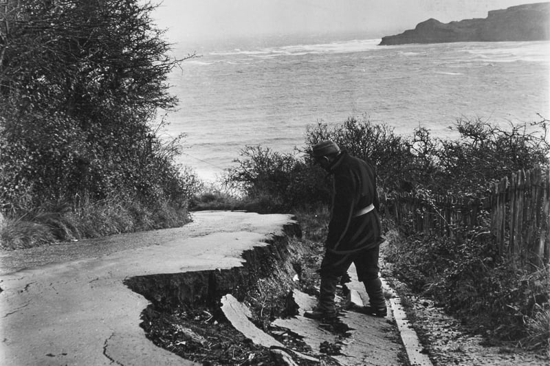 Movement of land caused damage to a road leading down into Runswick Bay in November 1966. The road cracked and, in parts, sank by as much as three feet  after cliff movement.
This is the Old Bank Road, which was replaced by the present bank road in the late 1960s.
