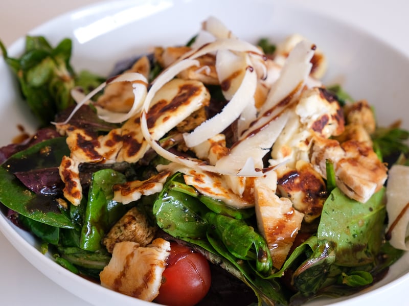 The cafe serves breakfast and lunch. Pictured the £7 Memi's Salad, made up of baby leaves, cherry tomatoes, croutons, parmesan and balsamic vinegar. You can add either halloumi or chicken.
