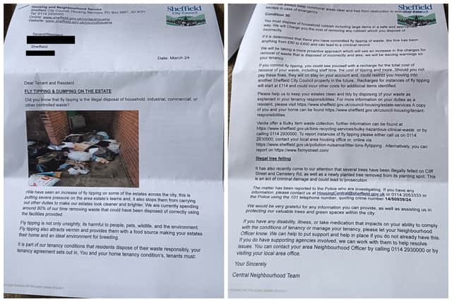 The letter send out to all Lansdowne Estate residents. In it, Sheffield City Council claims it is spending "80 per cent" of its time removing waste and says it will be stepping up investigations into which residents are leaving bin bags by the chutes.