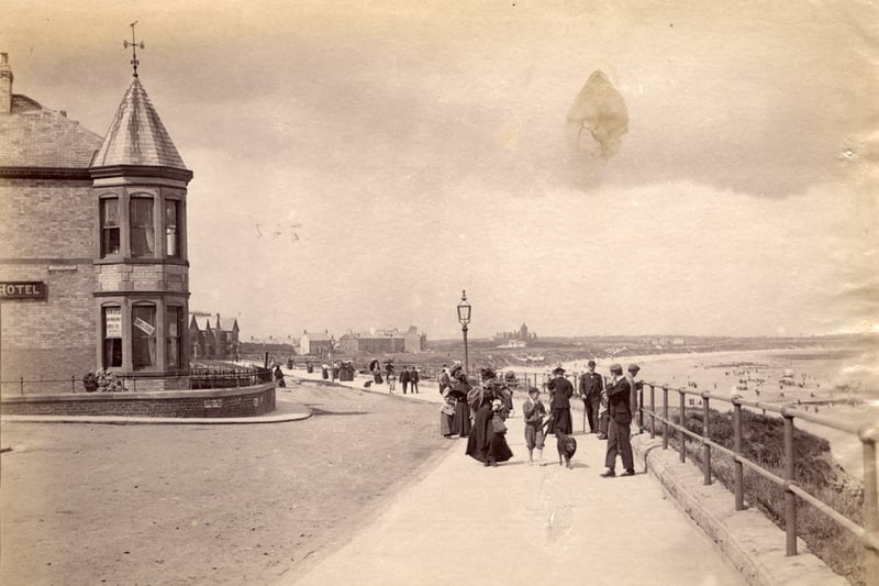 View of people and a dog walking along the promenade Whitley Bay c.1890