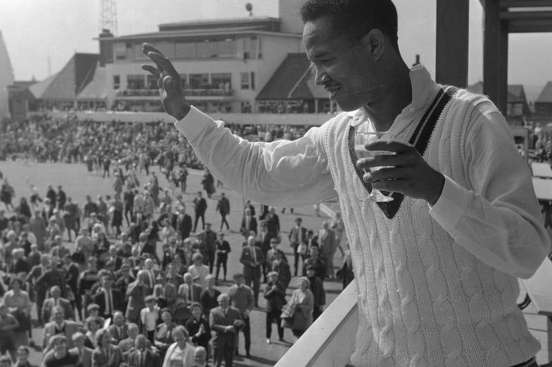 West Indies cricket legend Garfield Sobers waves to crowd at Headingley after the Test Match against, England