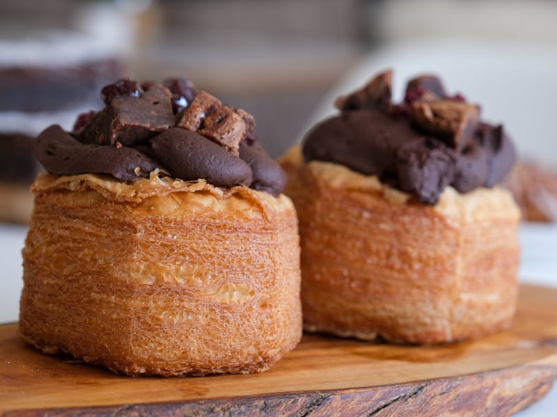 This is a cherry and chocolate brownie cronut, priced at £4.25.