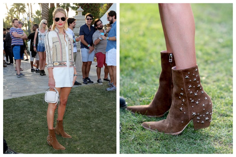 It is a big yes from me to Kate Bosworth Coachella 2015 outfit. I love the cowboy style boots, white mini dress, jacket and mini bag from Coach, just perfect