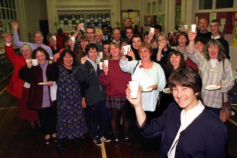 Headteacher Rita Samuel, front, celebrates in November 1997 with staff, parents and other supporter's during a party of thanks for saving the school from closure.