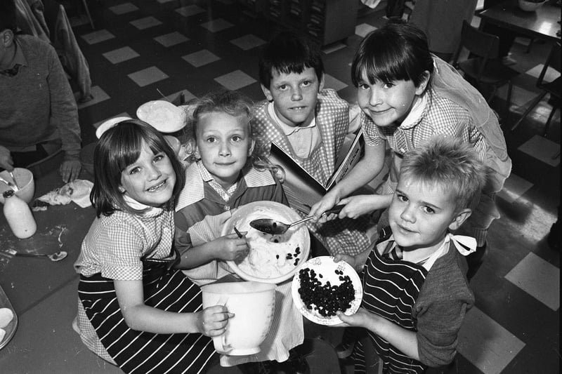 It's a cake bake at Seaburn Dene Primary.
The pupils wanted to help a childrens charity in June 1990 and Claire McAllister, Jennifer Rowe, Benjamin Connely, Melanie Goodwin and Paul Robe, all gave a hand.